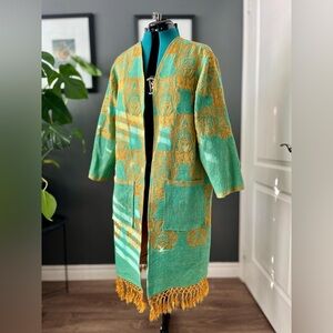 Handmade silk kimono duster, vintage turquoise & gold throw blanket, ladies XS-M